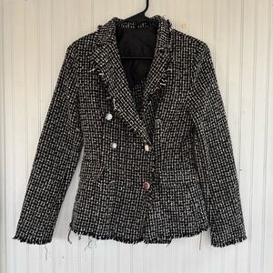 United Colors of Benetton Women's Black Cream White Loose Tweed-like Blazer Sz 2